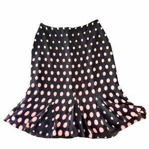 Emma James Black Pink Polka Dot Midi Skirt | Flowy Ruffle Hem | Size 12